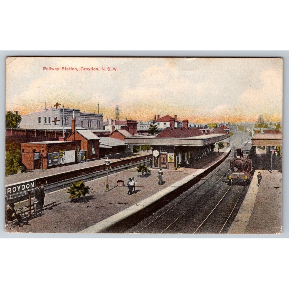 1908 Croydon NSW Railway Station Postcard Australia Steam Train Germany Printed